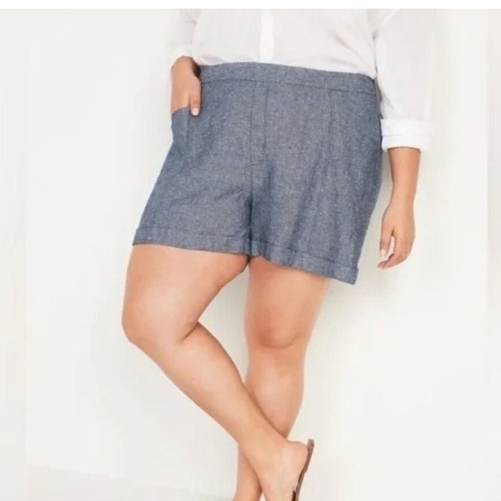 Old Navy Linen Lightweight Blue High Waisted Pull On Shorts w/ Pockets, 4XL